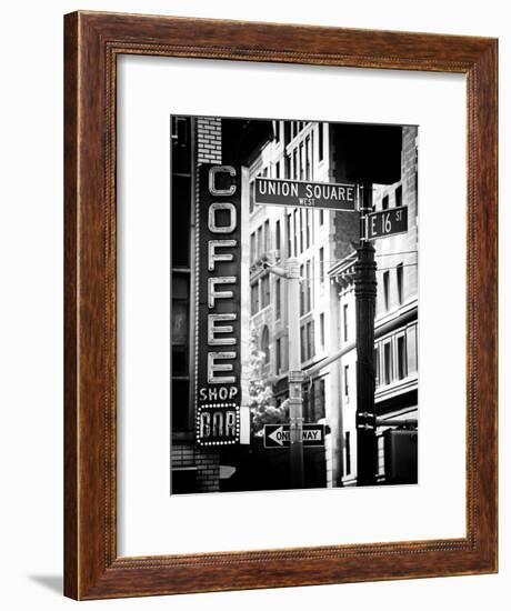 Coffee Shop Bar Sign, Union Square, Manhattan, New York, US, Old Black and White Photography-Philippe Hugonnard-Framed Photographic Print