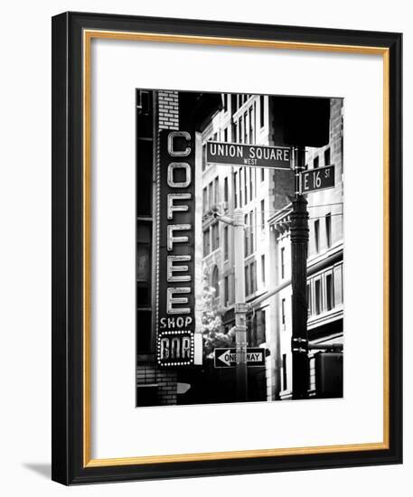 Coffee Shop Bar Sign, Union Square, Manhattan, New York, US, Old Black and White Photography-Philippe Hugonnard-Framed Photographic Print