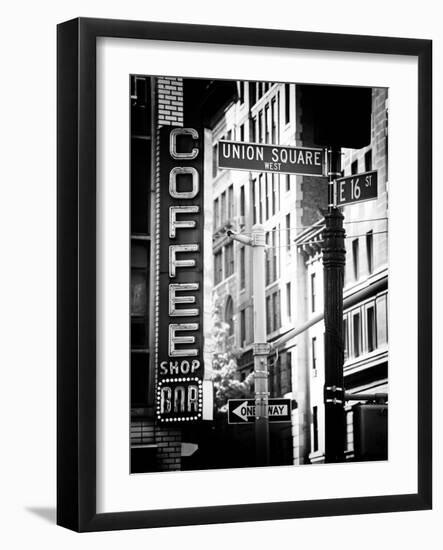 Coffee Shop Bar Sign, Union Square, Manhattan, New York, US, Old Black and White Photography-Philippe Hugonnard-Framed Photographic Print