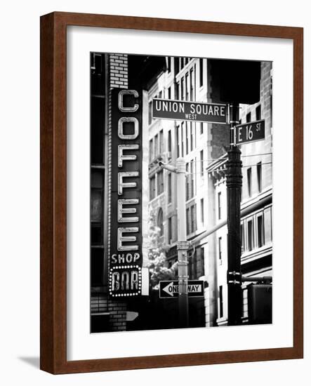 Coffee Shop Bar Sign, Union Square, Manhattan, New York, US, Old Black and White Photography-Philippe Hugonnard-Framed Photographic Print