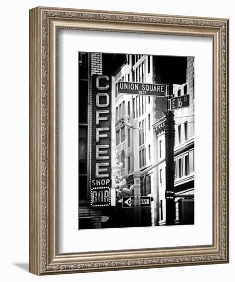 Coffee Shop Bar Sign, Union Square, Manhattan, New York, US, Old Black and White Photography-Philippe Hugonnard-Framed Photographic Print