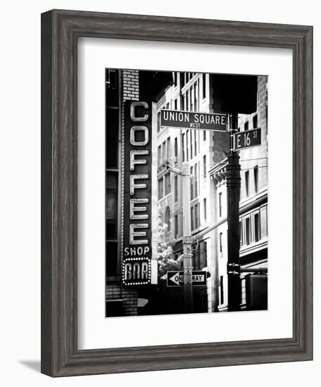 Coffee Shop Bar Sign, Union Square, Manhattan, New York, US, Old Black and White Photography-Philippe Hugonnard-Framed Photographic Print