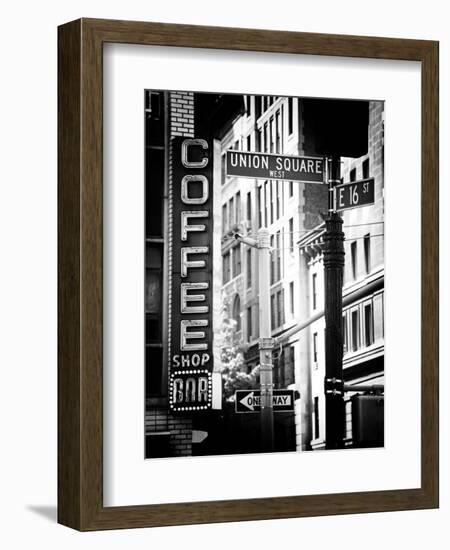 Coffee Shop Bar Sign, Union Square, Manhattan, New York, US, Old Black and White Photography-Philippe Hugonnard-Framed Photographic Print