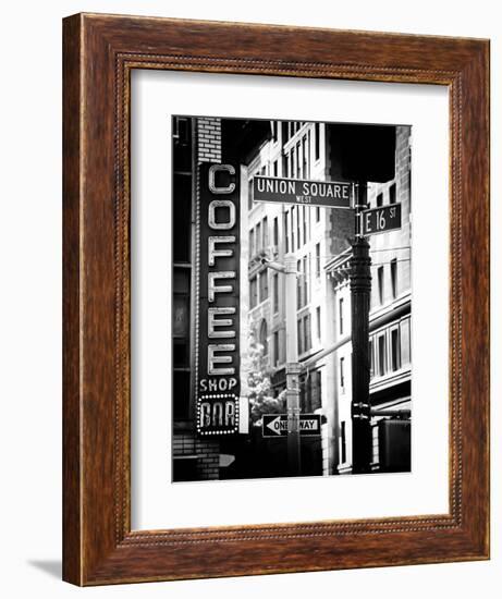 Coffee Shop Bar Sign, Union Square, Manhattan, New York, US, Old Black and White Photography-Philippe Hugonnard-Framed Photographic Print