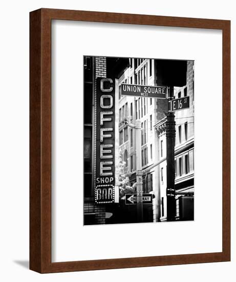 Coffee Shop Bar Sign, Union Square, Manhattan, New York, US, Old Black and White Photography-Philippe Hugonnard-Framed Photographic Print