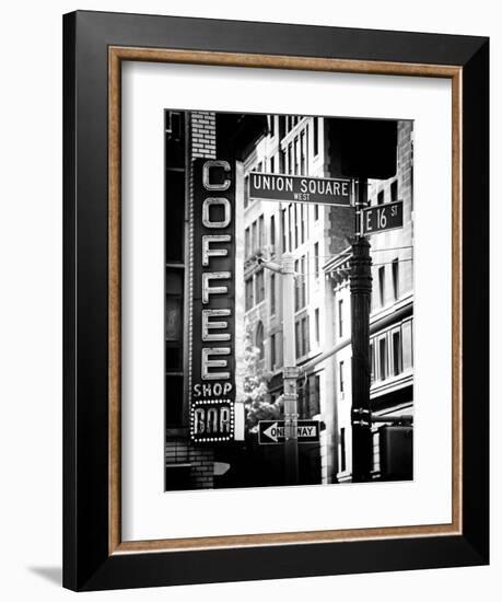 Coffee Shop Bar Sign, Union Square, Manhattan, New York, US, Old Black and White Photography-Philippe Hugonnard-Framed Photographic Print