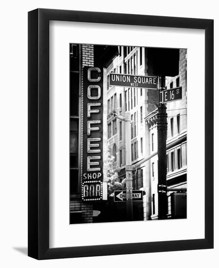 Coffee Shop Bar Sign, Union Square, Manhattan, New York, US, Old Black and White Photography-Philippe Hugonnard-Framed Photographic Print