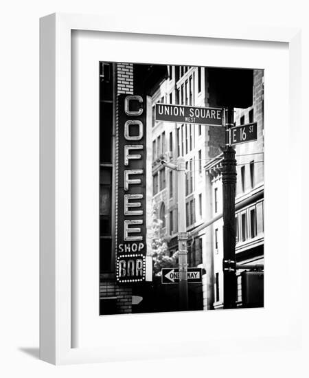 Coffee Shop Bar Sign, Union Square, Manhattan, New York, US, Old Black and White Photography-Philippe Hugonnard-Framed Photographic Print