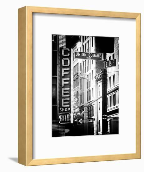 Coffee Shop Bar Sign, Union Square, Manhattan, New York, US, Old Black and White Photography-Philippe Hugonnard-Framed Photographic Print