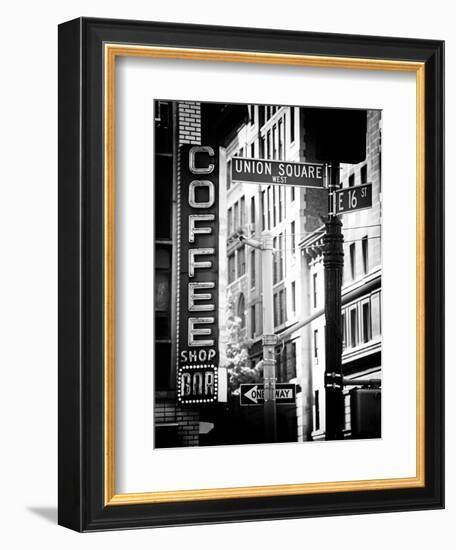 Coffee Shop Bar Sign, Union Square, Manhattan, New York, US, Old Black and White Photography-Philippe Hugonnard-Framed Photographic Print