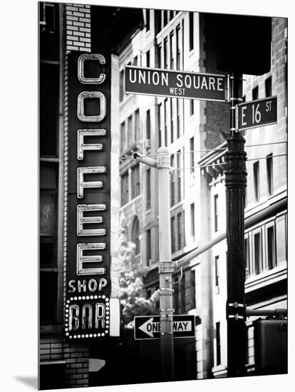 Coffee Shop Bar Sign, Union Square, Manhattan, New York, US, Old Black and White Photography-Philippe Hugonnard-Mounted Premium Photographic Print