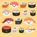 Funny Sushi Characters. Funny Sushi with Cute Faces. Sushi Roll and Sashimi Set. Happy Sushi Charac-coffeee_in-Art Print