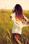 Woman Wearing Boho Style Clothes Run through the Grass, Hot Summer Day, Retro Colors, Motion Blur-coka-Photographic Print