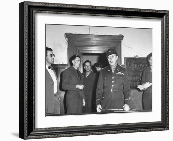 Col. Burton Andrus Announcing Suicide of Hermann Goering During Trial of German War Criminals-null-Framed Photographic Print