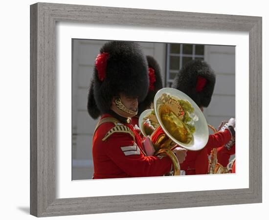 Coldstream Guards Band Practise at Wellington Barracks, Reflected in Brass Tuba, London, England-Walter Rawlings-Framed Photographic Print