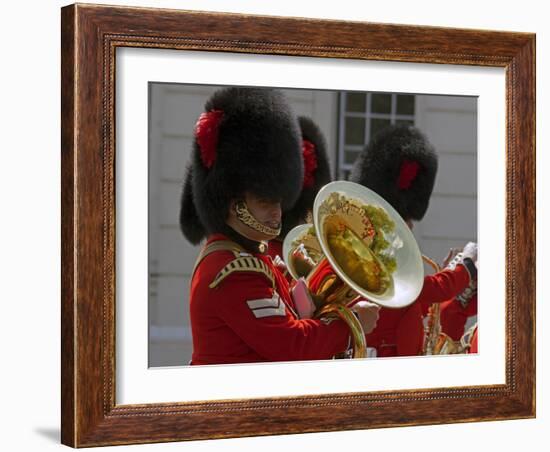 Coldstream Guards Band Practise at Wellington Barracks, Reflected in Brass Tuba, London, England-Walter Rawlings-Framed Photographic Print