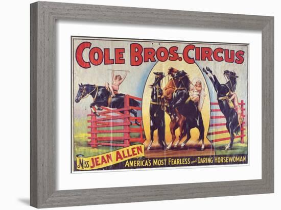 "Cole Bros. Circus: Miss Jean Allen, America's Most Fearless and Daring Horsewoman", Circa 1940-null-Framed Giclee Print