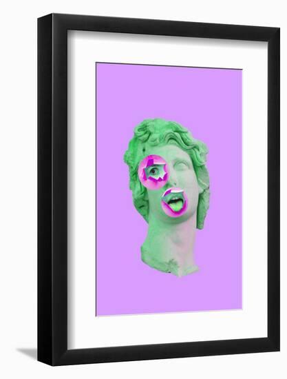 Collage Art of Classic Statue. Vaporwave Style on Purple Background. Neon Green Sculpture with With-Katya_Havok-Framed Photographic Print
