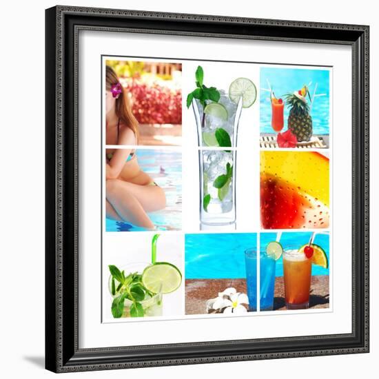 Collage Background With Cocktail And Travel Concept-haveseen-Framed Art Print