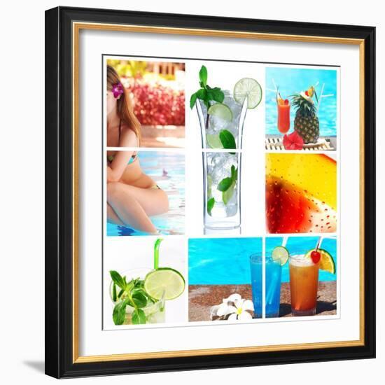 Collage Background With Cocktail And Travel Concept-haveseen-Framed Art Print