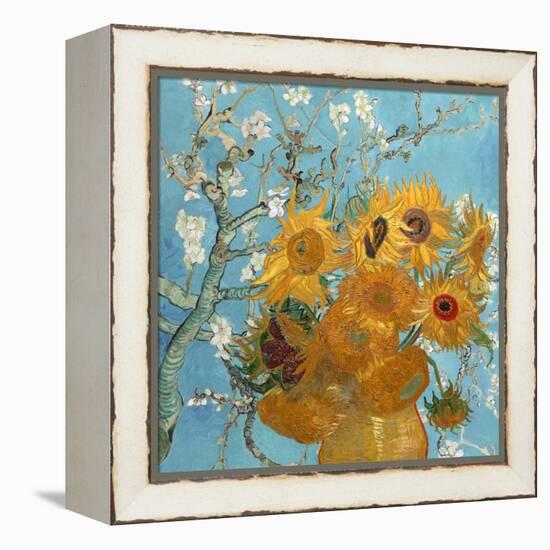 Collage Design with Painting Elements - Sunflowers & Almond Branches in Bloom-Elements of Vincent Van Gogh-Framed Stretched Canvas