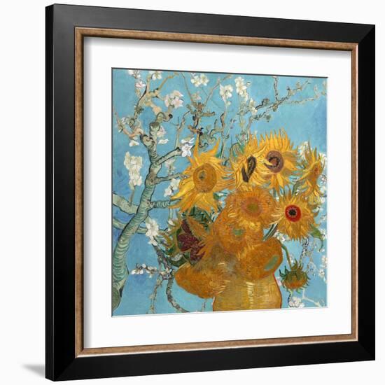 Collage Design with Painting Elements - Sunflowers & Almond Branches in Bloom-Elements of Vincent Van Gogh-Framed Art Print