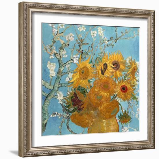 Collage Design with Painting Elements - Sunflowers & Almond Branches in Bloom-Elements of Vincent Van Gogh-Framed Art Print