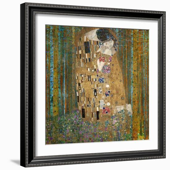 Collage Design with Painting Elements - The Kiss & Tannenwald (Pine Forest)-Elements of Gustav Klimt-Framed Premium Giclee Print