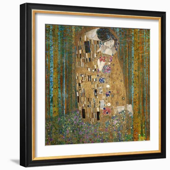 Collage Design with Painting Elements - The Kiss & Tannenwald (Pine Forest)-Elements of Gustav Klimt-Framed Premium Giclee Print