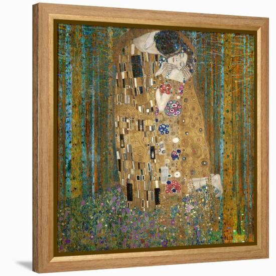 Collage Design with Painting Elements - The Kiss & Tannenwald (Pine Forest)-Elements of Gustav Klimt-Framed Stretched Canvas