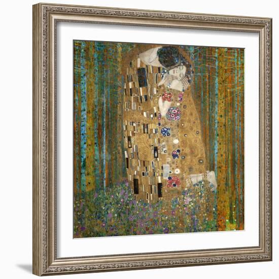 Collage Design with Painting Elements - The Kiss & Tannenwald (Pine Forest)-Elements of Gustav Klimt-Framed Art Print