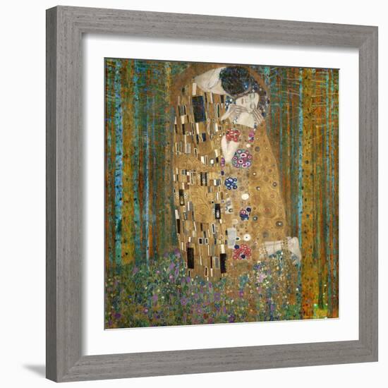 Collage Design with Painting Elements - The Kiss & Tannenwald (Pine Forest)-Elements of Gustav Klimt-Framed Art Print