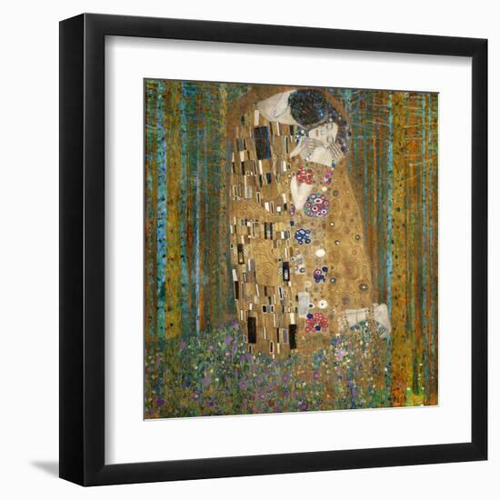 Collage Design with Painting Elements - The Kiss & Tannenwald (Pine Forest)-Elements of Gustav Klimt-Framed Art Print