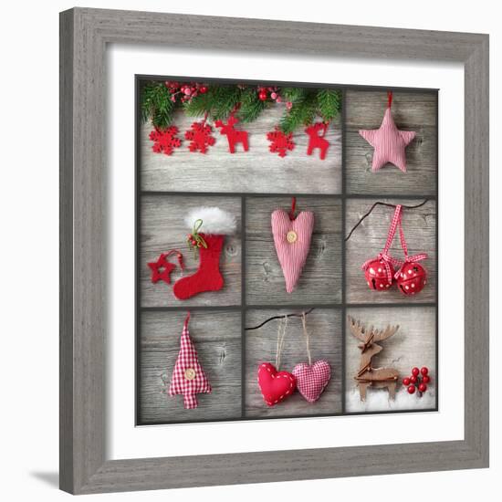 Collage of Christmas Photos over Grey Wood Background-egal-Framed Photographic Print