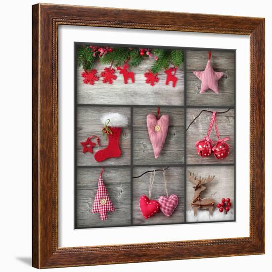 Collage of Christmas Photos over Grey Wood Background-egal-Framed Photographic Print