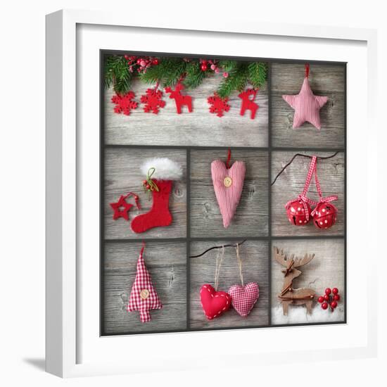 Collage of Christmas Photos over Grey Wood Background-egal-Framed Photographic Print