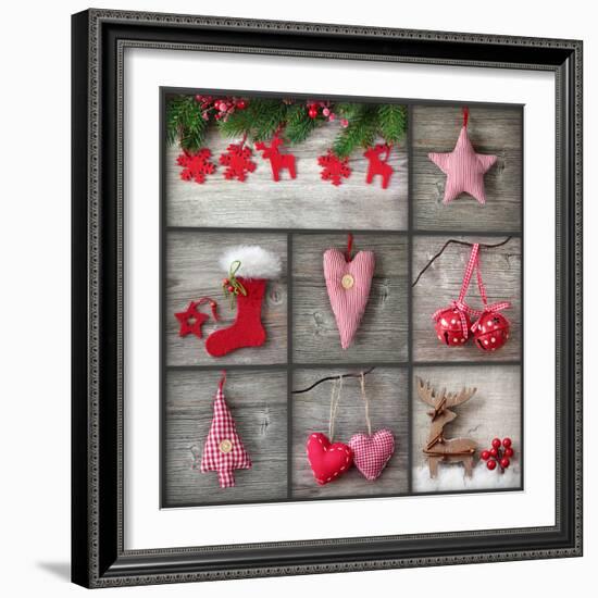 Collage of Christmas Photos over Grey Wood Background-egal-Framed Photographic Print