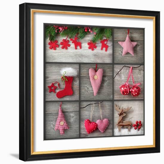 Collage of Christmas Photos over Grey Wood Background-egal-Framed Photographic Print