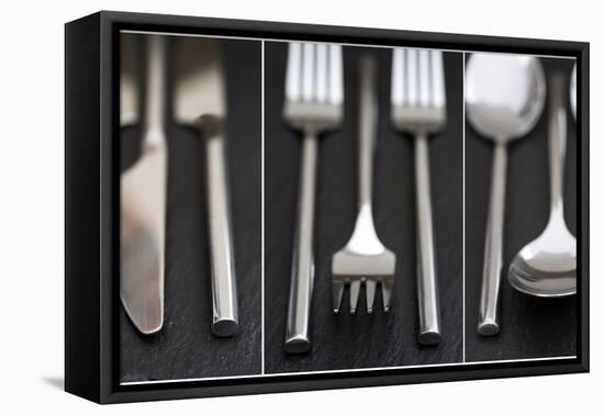 Collage of Cutlery Images on Rustic Style Background-Veneratio-Framed Premier Image Canvas