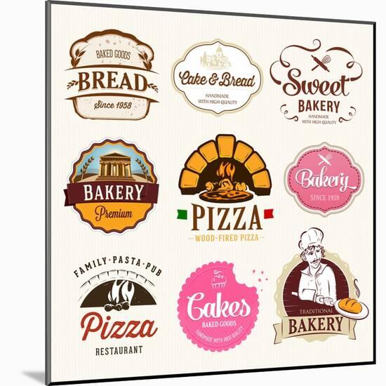 Collection of Bakery, CAKES and PIZZA Badges and Labels-Dejan Brkic-Mounted Art Print