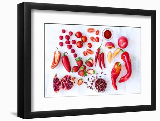 Collection of Fresh Red Toned Vegetables and Fruits Raw Produce on White Rustic Background, Peppers-warrengoldswain-Framed Photographic Print