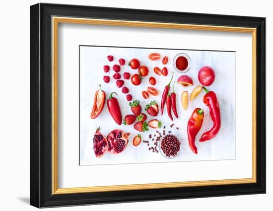 Collection of Fresh Red Toned Vegetables and Fruits Raw Produce on White Rustic Background, Peppers-warrengoldswain-Framed Photographic Print