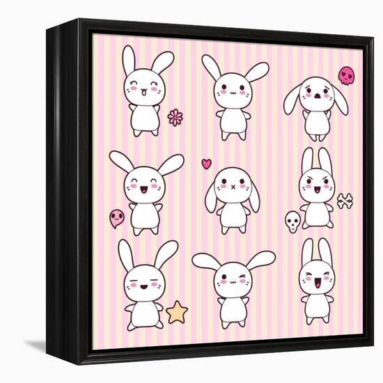 Collection of Funny and Cute Happy Kawaii Rabbits.-incomible-Framed Stretched Canvas