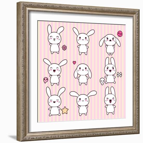 Collection of Funny and Cute Happy Kawaii Rabbits.-incomible-Framed Art Print