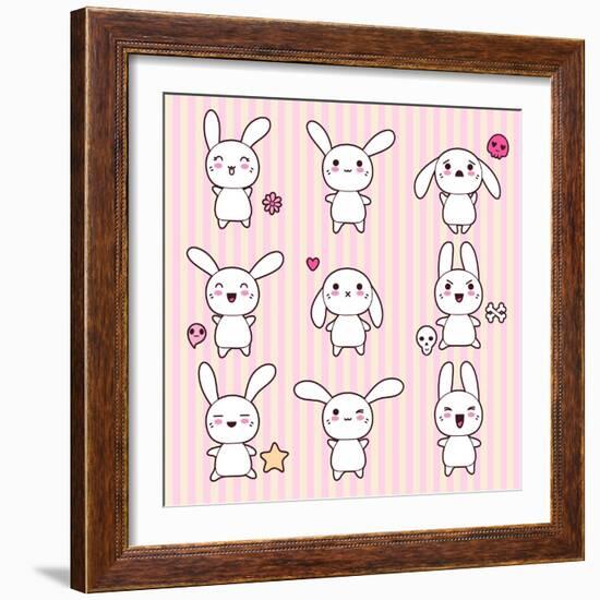 Collection of Funny and Cute Happy Kawaii Rabbits.-incomible-Framed Art Print