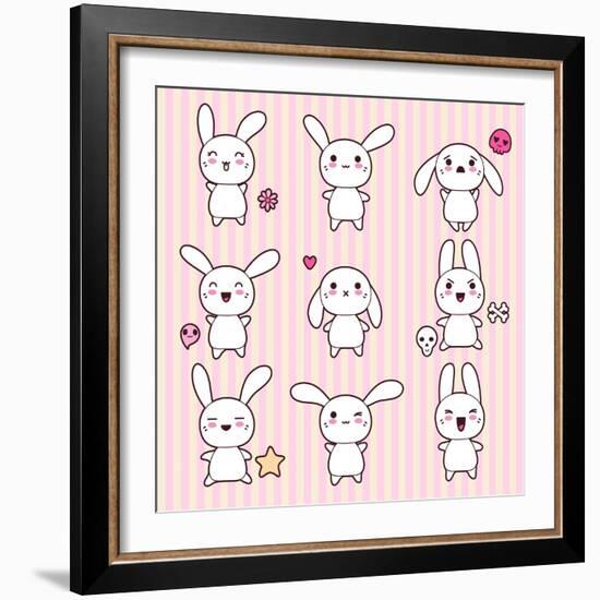 Collection of Funny and Cute Happy Kawaii Rabbits.-incomible-Framed Art Print