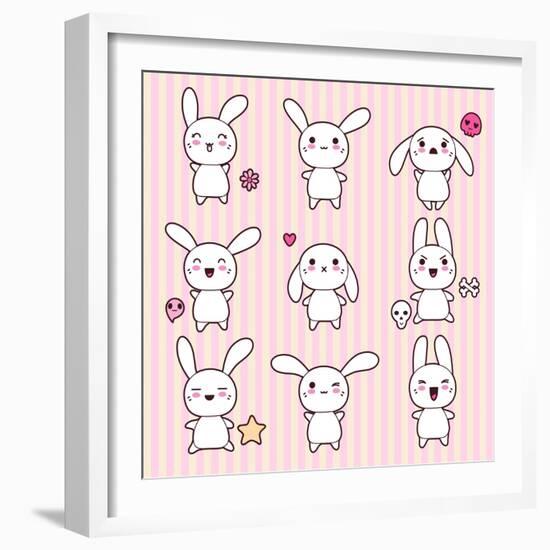 Collection of Funny and Cute Happy Kawaii Rabbits.-incomible-Framed Art Print