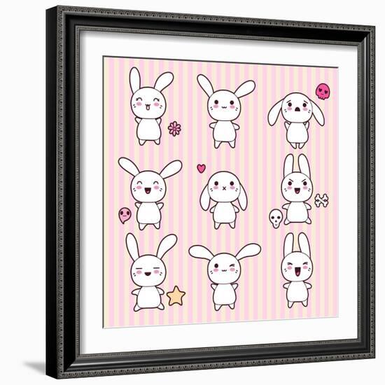 Collection of Funny and Cute Happy Kawaii Rabbits.-incomible-Framed Art Print