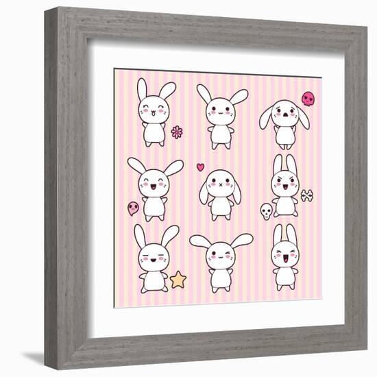 Collection of Funny and Cute Happy Kawaii Rabbits.-incomible-Framed Art Print