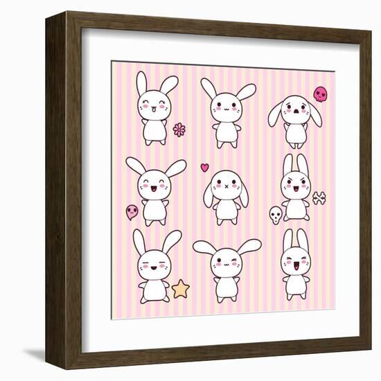 Collection of Funny and Cute Happy Kawaii Rabbits.-incomible-Framed Art Print